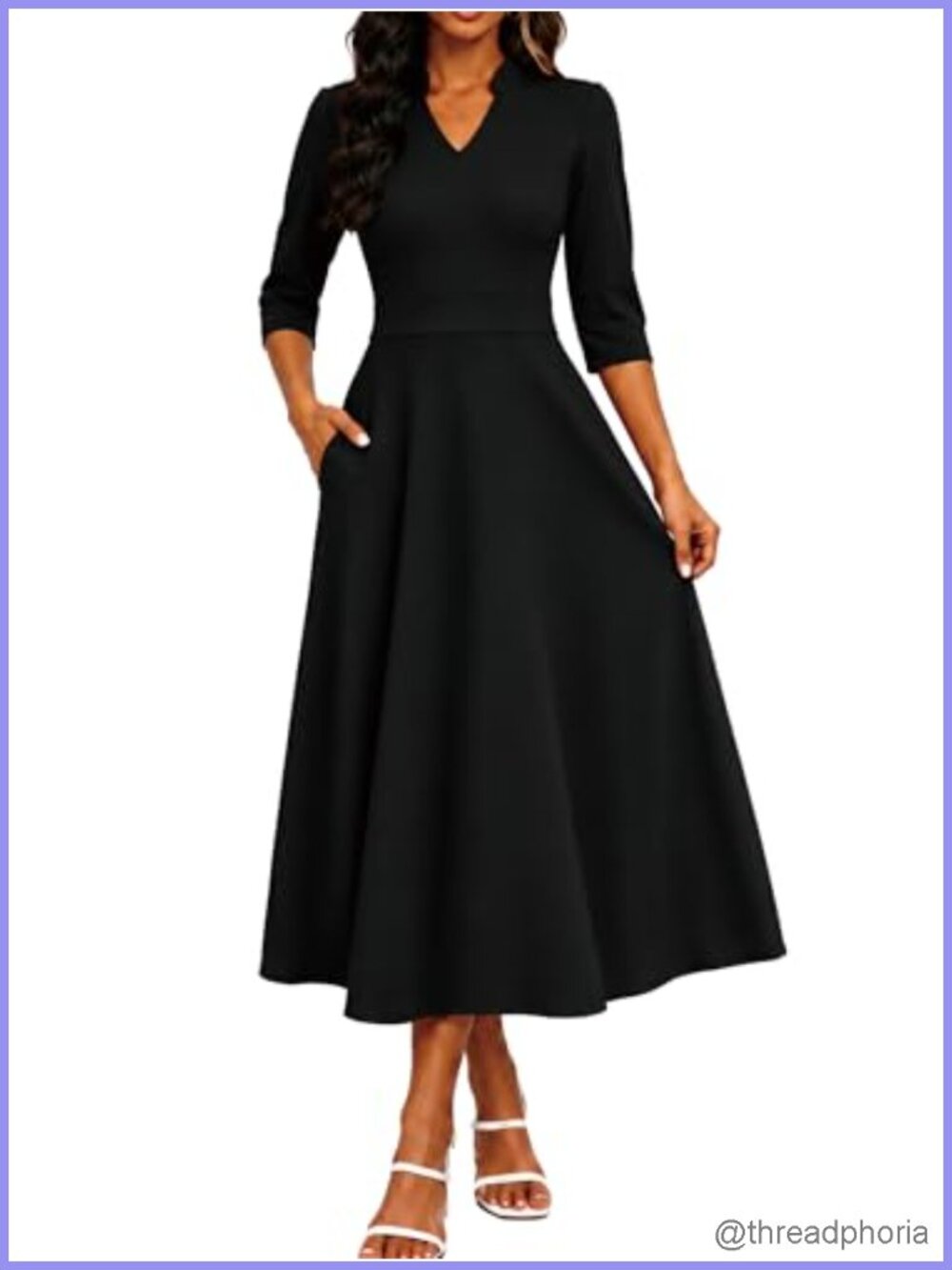 3/4 Sleeve V-Neck Midi Dress A-Line Fit Flare Tea Length Modest Pockets